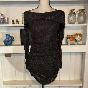 Oh Polly Black Gold Glitter Long Sleeve Mini Dress Size 6 NEW